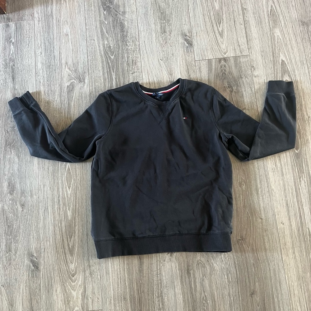 Tommy Hilfiger Sweatshirt Mens Medium Black Crewneck Fleece Embroidered Flag
